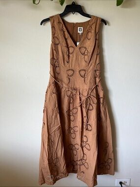 Anne Klein Tan Eyelet Tie-Waist Midi Dress